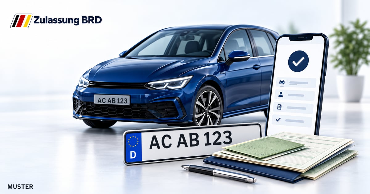 Online Fahrzeugzulassung in Aachen: Musterkennzeichen AC AB 123, Auto und Fahrzeugpapiere und Smartphone. Illustration mit Logo von Zulassung BRD.